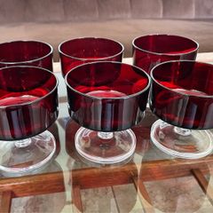 6 Vintage MCM Luminarc Cavalier Ruby Red with Smoked Glass Bowl Dessert Glasses Sherbet Cups French 1960 70s