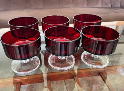 6 Vintage MCM Luminarc Cavalier Ruby Red with Smoked Glass Bowl Dessert Glasses Sherbet Cups French 1960 70s