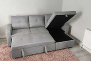 Light Grey Corner Sofa Bed with Storage &amp; Pull-Out Base