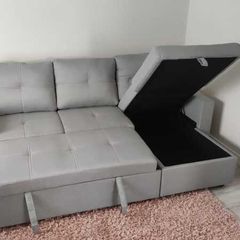 Light Grey Corner Sofa Bed with Storage & Pull-Out Base