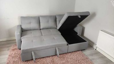 Light Grey Corner Sofa Bed with Storage & Pull-Out Base