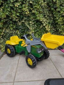 John Deere Toy Tractor with 2 trailers and round bales, JCB tipper included also