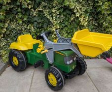 John Deere Toy Tractor with 2 trailers and round bales, JCB tipper included also