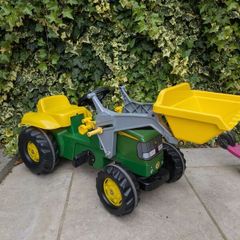 John Deere Toy Tractor with 2 trailers and round bales, JCB tipper included also