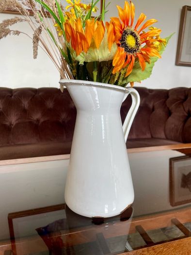 Vintage Shabby Chic Antique White Enamel Jug Vase