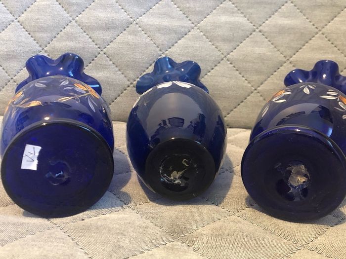 Czech Crystalex Cobalt Blue Vase Hand Painted White Flowers Vintage
