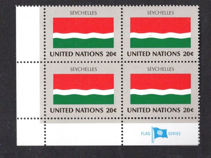 1982 United Nations New York Seychelles National Flag (part of flag series) Block of 4 Mint Never Hinged (MNH)