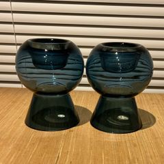 Blue Glass Tea Light Candle Holder Reversible Bud Vase