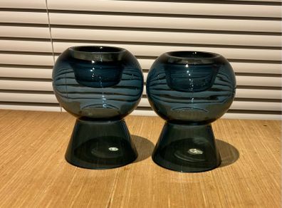 Blue Glass Tea Light Candle Holder Reversible Bud Vase