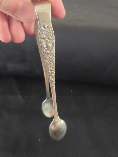 Antique Silver Plate Sugar Tongs with Heart Shaped Engraving
