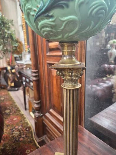 Antique Victorian Corinthian Column Oil Lamp Mint Green Floral Font