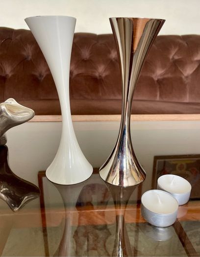 Vintage 20th Century Heavy Asymmetrical Stainless Steel and White Enamel Pair Of Candle Holders