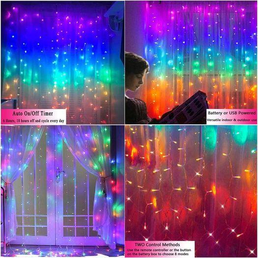Window Curtain String Lights- 3M(H)x1.5M(W) USB Or Battery Operated 8 Modes with Remote & Timer Fairy Lights 200LED Indoor Outdoor Lights for Wedding Party Home Bedroom Wall (Multicolor)