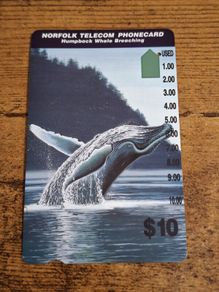 Norfolk Island Phonecard AUD10 "Humpback Whale Breaching", used, 1995 - free standard postage