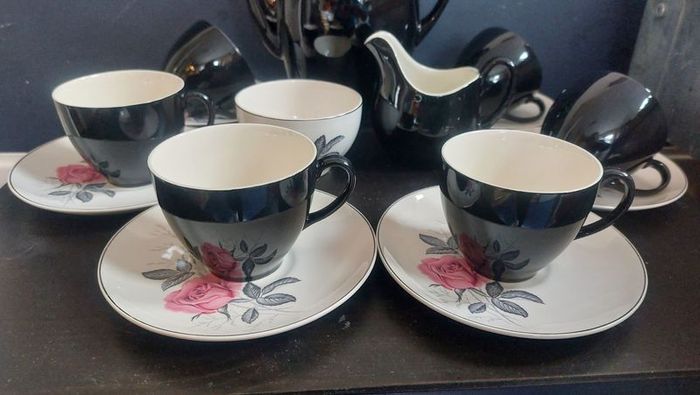 Stunning Vintage MCM 1950's Coffee Set for Six, Including Coffee Pot, by Johnson Bros, in Black and Cream with Pink Rose Detailing and Platinum Gilt Design