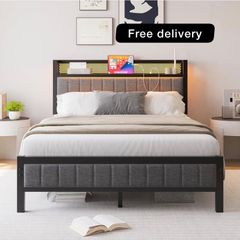 Upholstered Bed Frame Double Bed with Charging Station/USB Ports and LED Lights
