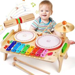 Kids Drum Set, Baby Musical Instruments Toys for Toddlers, 7 in 1 Wooden Xylophone Toddler Drum Set Percussion Instruments Musical Toys Birthday Gifts for Children Boys and Girls