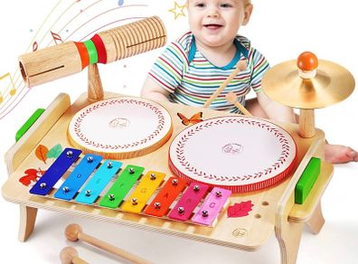 Kids Drum Set, Baby Musical Instruments Toys for Toddlers, 7 in 1 Wooden Xylophone Toddler Drum Set Percussion Instruments Musical Toys Birthday Gifts for Children Boys and Girls