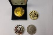 UK Coins  one crown , 5 SHILLING, 5 POUNDS and gold plated medal