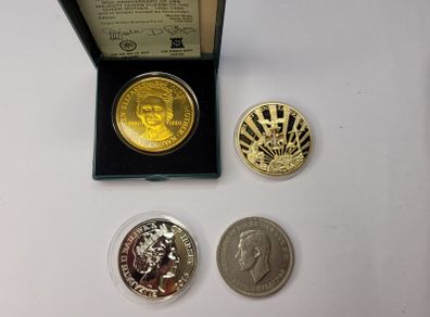 UK Coins  one crown , 5 SHILLING, 5 POUNDS and gold plated medal