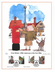 1985 Great Britain Limited Edition Lithographed Print measuring 333mm X 257mm showing 35 Year of Royal Mail Public Postal Service Commemorative stamps with First Day of Issue Cancel