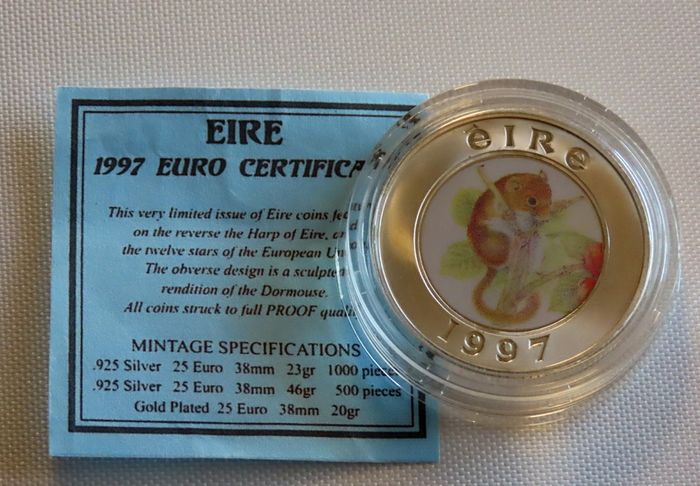 Ireland 25 Euro 1997 Silver Proof Piedfort Coloured Dormouse - 500 mintage