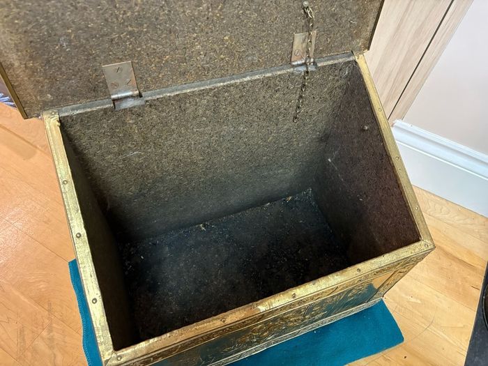 Vintage antique embossed brass fireside log box, coal box