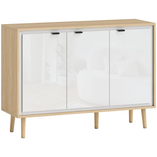 High-Gloss Sideboard, Storage Cabinet with 3 Doors, Adjustable Shelves, 107 x 35 x 77 cm, White and Oak