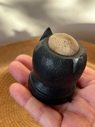 Antique Black Cat Bog Oak Sewing Pin Cushion