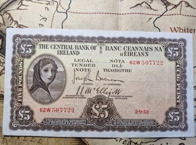 5 Pound Lady Lavery 2/9/52 Irish Note