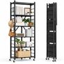 6 Tier Foldable Metal Storage Shelving Unit Black Heavy Duty Rack with Wheels No Assembly Required Image 2