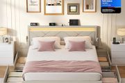 Double Bed Frame LED Metal Bed, 4 Drawers, Charging Station, Adjustable Padded Headboard Beige