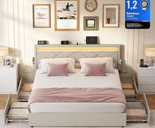 Double Bed Frame LED Metal Bed, 4 Drawers, Charging Station, Adjustable Padded Headboard Beige
