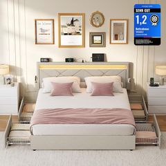 Double Bed Frame LED Metal Bed, 4 Drawers, Charging Station, Adjustable Padded Headboard Beige