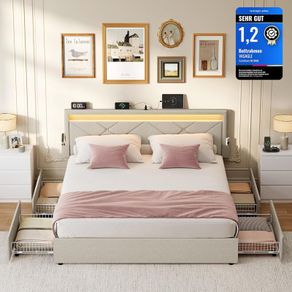 Double Bed Frame LED Metal Bed, 4 Drawers, Charging Station, Adjustable Padded Headboard Beige