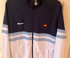 ELLESSE zipped sweater. Navy, white & blue. Size medium.  In very good lightly used condition. Weighty 50% cotton