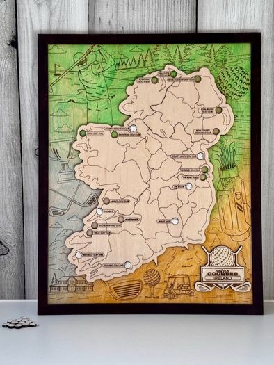 Handmade Ireland Golf Course Tracker Map - 3D Layered Wood (Framed)