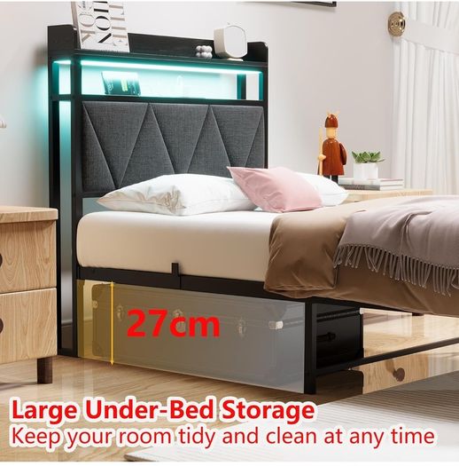 Single Bed Frames with 3ft Upholstered Wooden Two shelf Storage Headboard, Charging Station,LED Lights