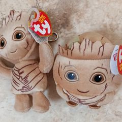 Groot TY Set 2024 Beanie Balls + Beanie Babies Two Plush Toys Marvel Bag Keyring