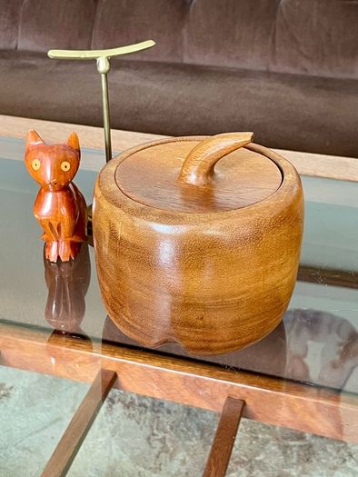 Vintage Apple Shaped Wood Jar Container Round Wooden Box 1960s 70s