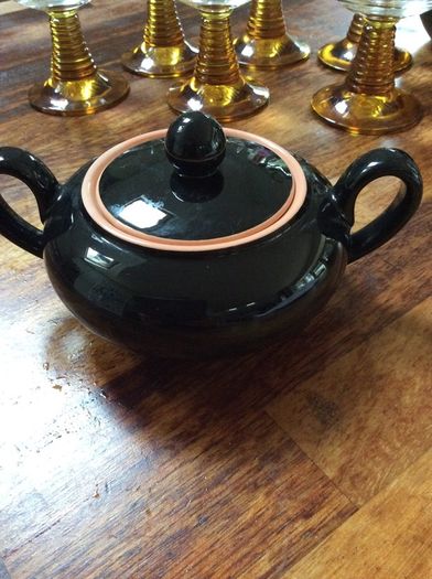 Villeroy and Boch Biarritz Mid century Black glazed lidded sugar bowl with pink / peach interior