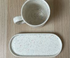 White Mug + Tray Set with multicoloured spots