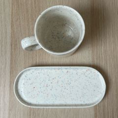 White Mug + Tray Set with multicoloured spots