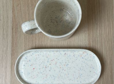 White Mug + Tray Set with multicoloured spots