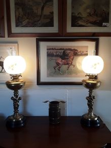 Pair of Victorian brass oil lamps converted to electrics