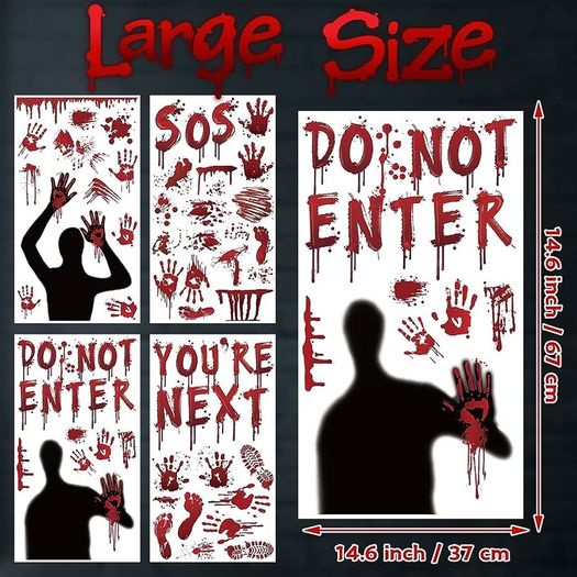 Halloween Window Stickers Bloody Hands Scary Halloween Window Clings Large Shadow Realistic Bloody Footprints DO NOT Enter Double-Sided Halloween Window Decorations