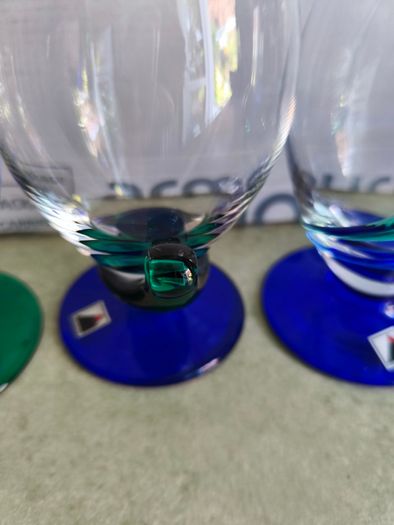 SET OF 5 , 1920 s Art Deco Czech Republic Cobalt Blue Green On Clear Glasses