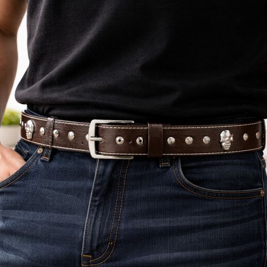 Unisex Brown Leather Stud Belt Vintage Studded Leather Belt with Silver Buckle for Men & Women
