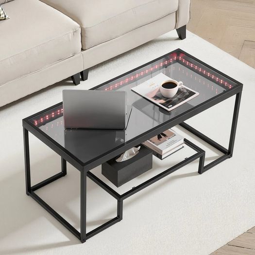 Coffee Table, Modern Tempered Glass Coffee Table with Lighting, 2 Tiers Rectangle Glass Center Desk with Open Storage, Minimalist Metal Accent End Desk for Living Room, Office, Easy Assembly
