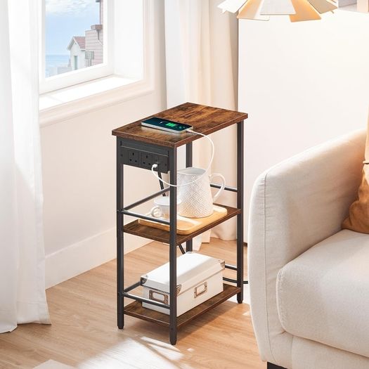 Narrow Side Table with Charging Station, 3-Tier End Table for Small Spaces, Sofa Table with Storage Shelf, for Living Room, Foyer, Bedroom, Office, Rustic Brown and Black